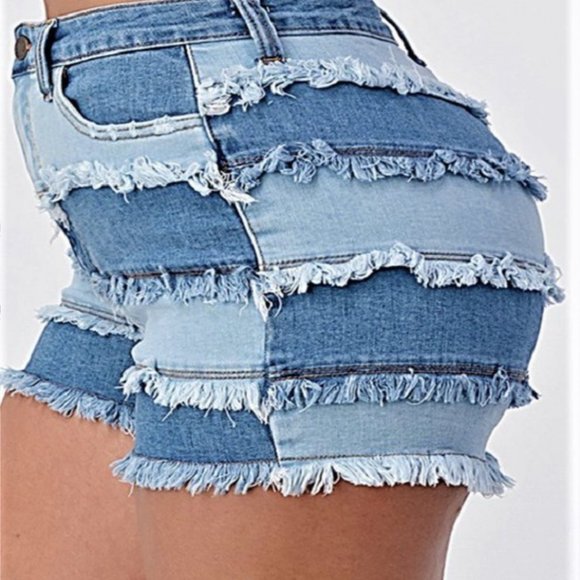 PLUS DENIM PATCHWORK SHORTS - Picture 2 of 5